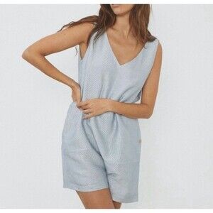 lunya Light Blue Striped Sleeveless Romper Pajama
